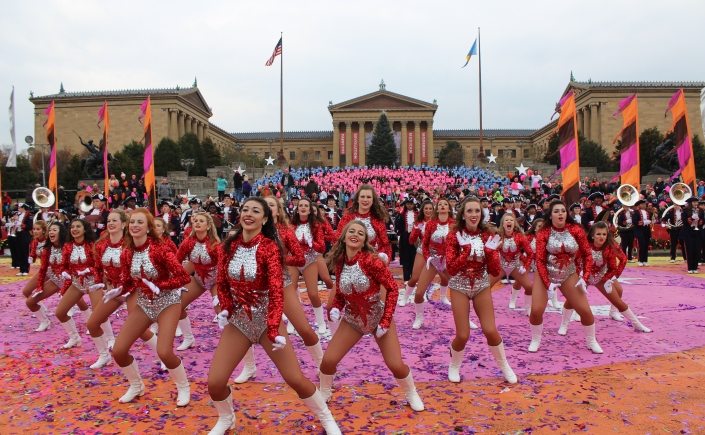 Cheerleaders dancing at the Philadelphia Thanksgiving Day Parade